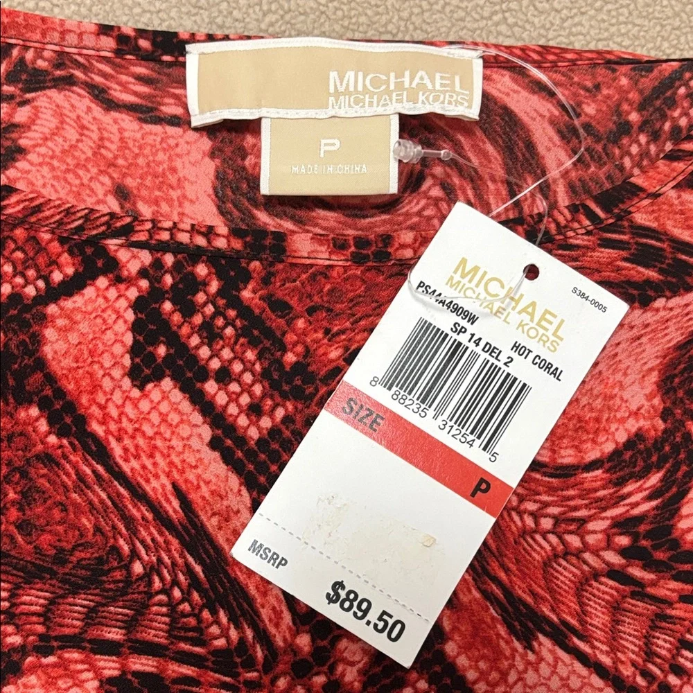 Michael Kors Women Red Coral Brown Animal Print Swirl Blouse Modern Stylish Top